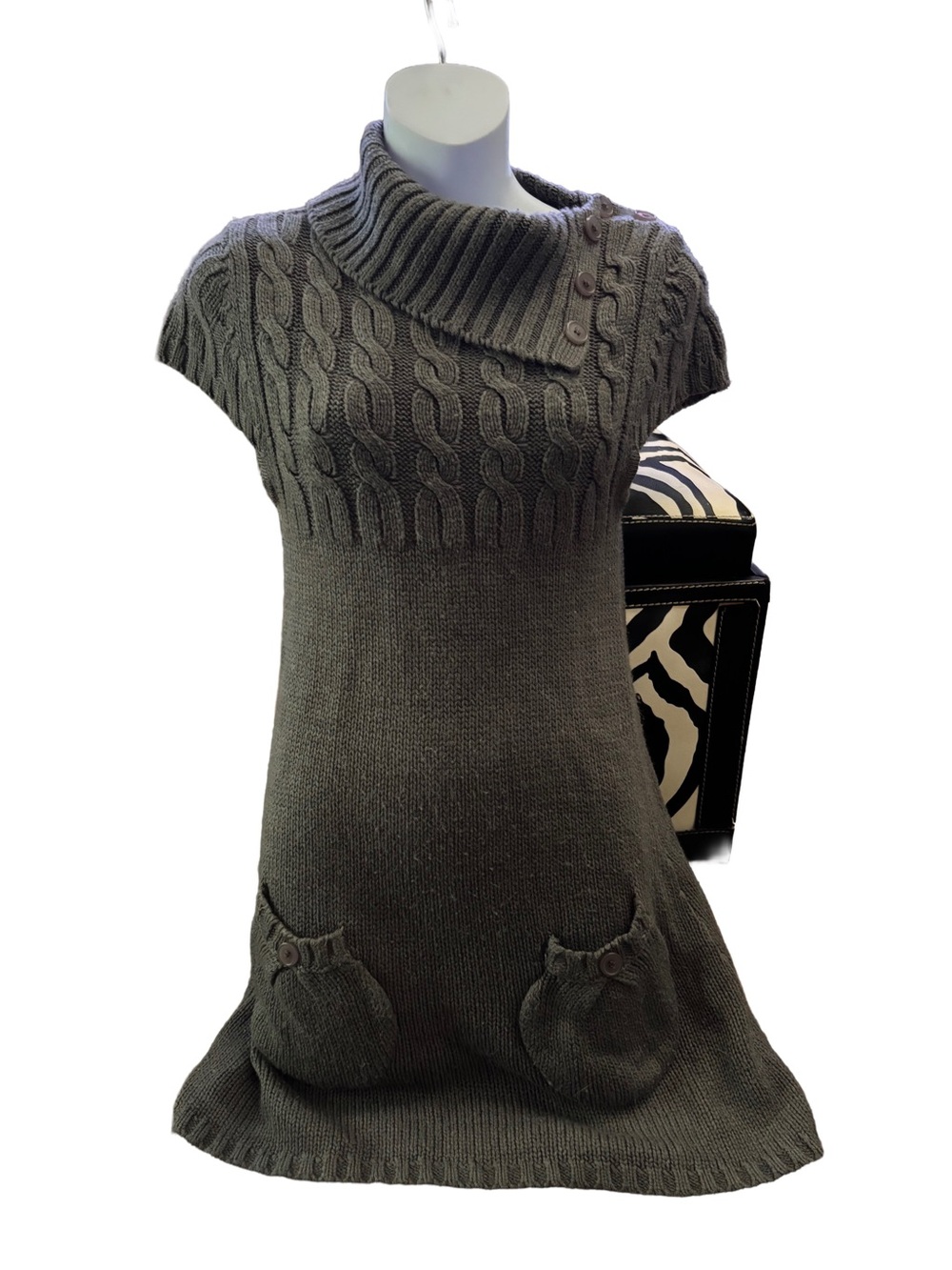 Sweater Project Vintage Gray Knit Sweater Dress Button Cowl Neck Size M